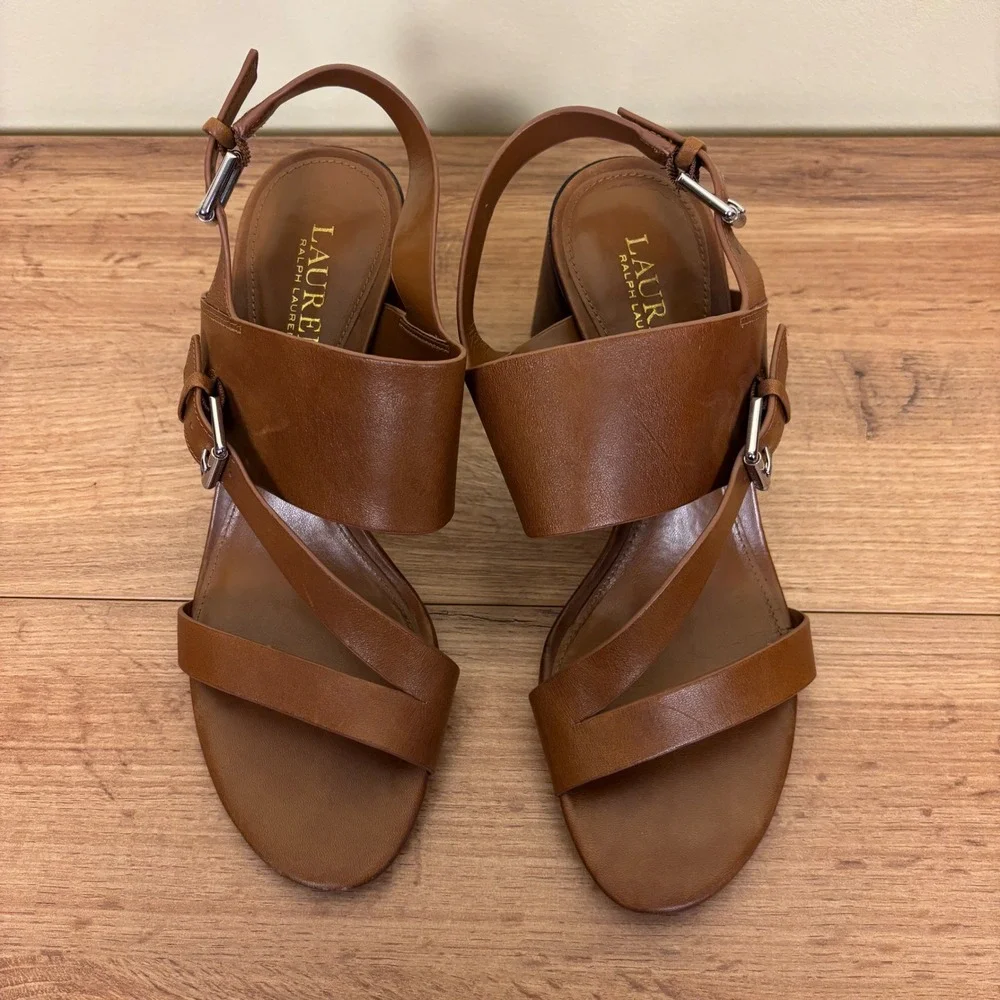 LAUREN RALPH LAUREN Florin Vachetta Leather‎ Sandal Deep Saddle Tan Women Size 8